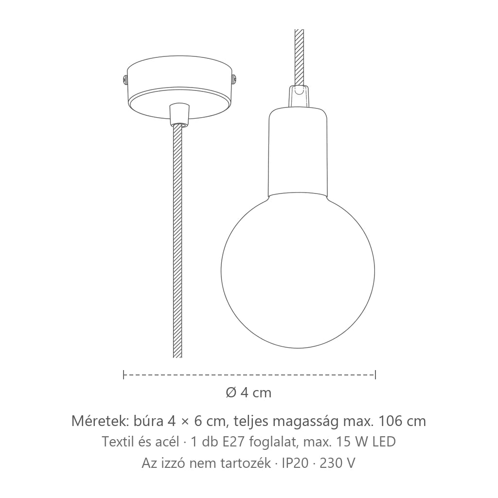 Minimalista fekete foglalat függőlámpa méretei: búra 4 × 6 cm, teljes magasság max. 106 cm