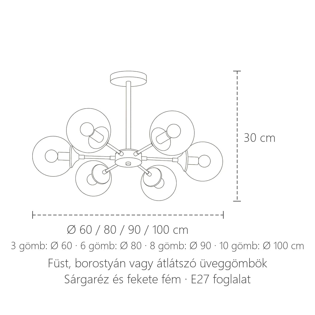 Gömbcsillár méretei: Ø 60–100 cm, 30 cm magas