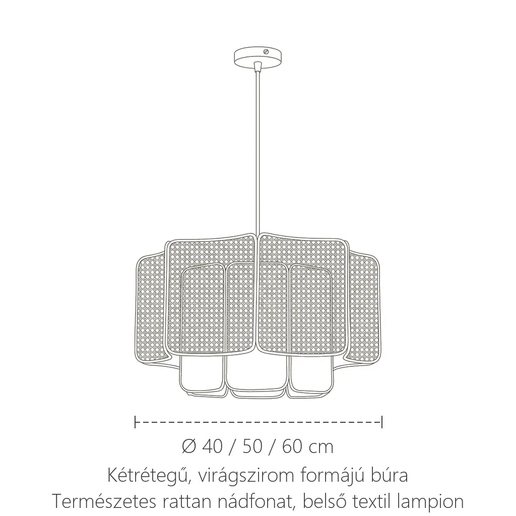 Rattan függőlámpa méretei: Ø 40 / 50 / 60 cm