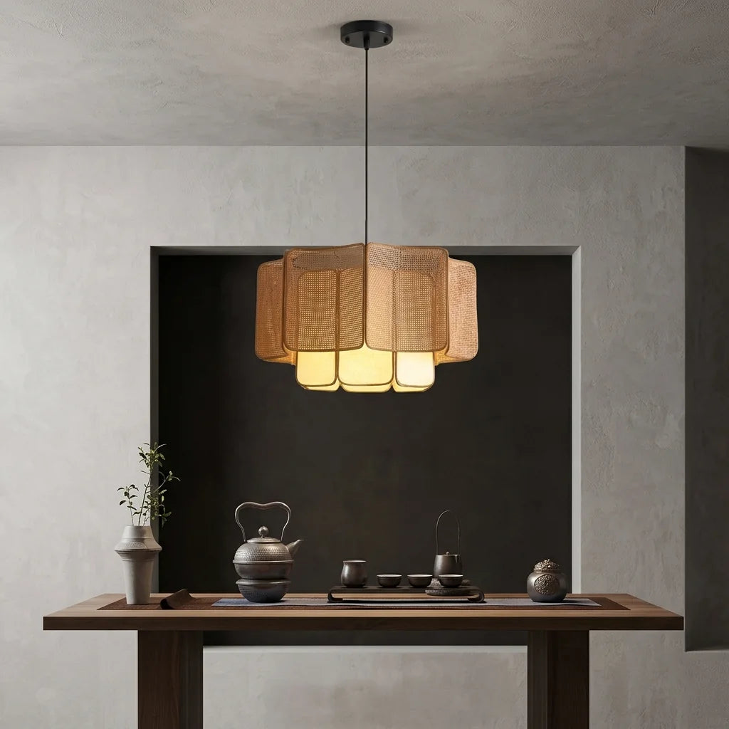 Wabi-sabi rattan lámpa teaasztal fölött