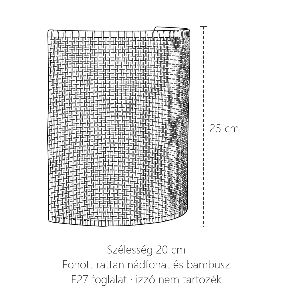 Nádfonatos rattan félhenger fali lámpa méretei: 25 cm magas, 20 cm széles