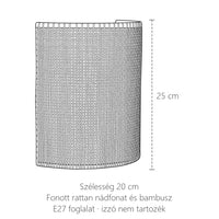 Nádfonatos rattan félhenger fali lámpa méretei: 25 cm magas, 20 cm széles
