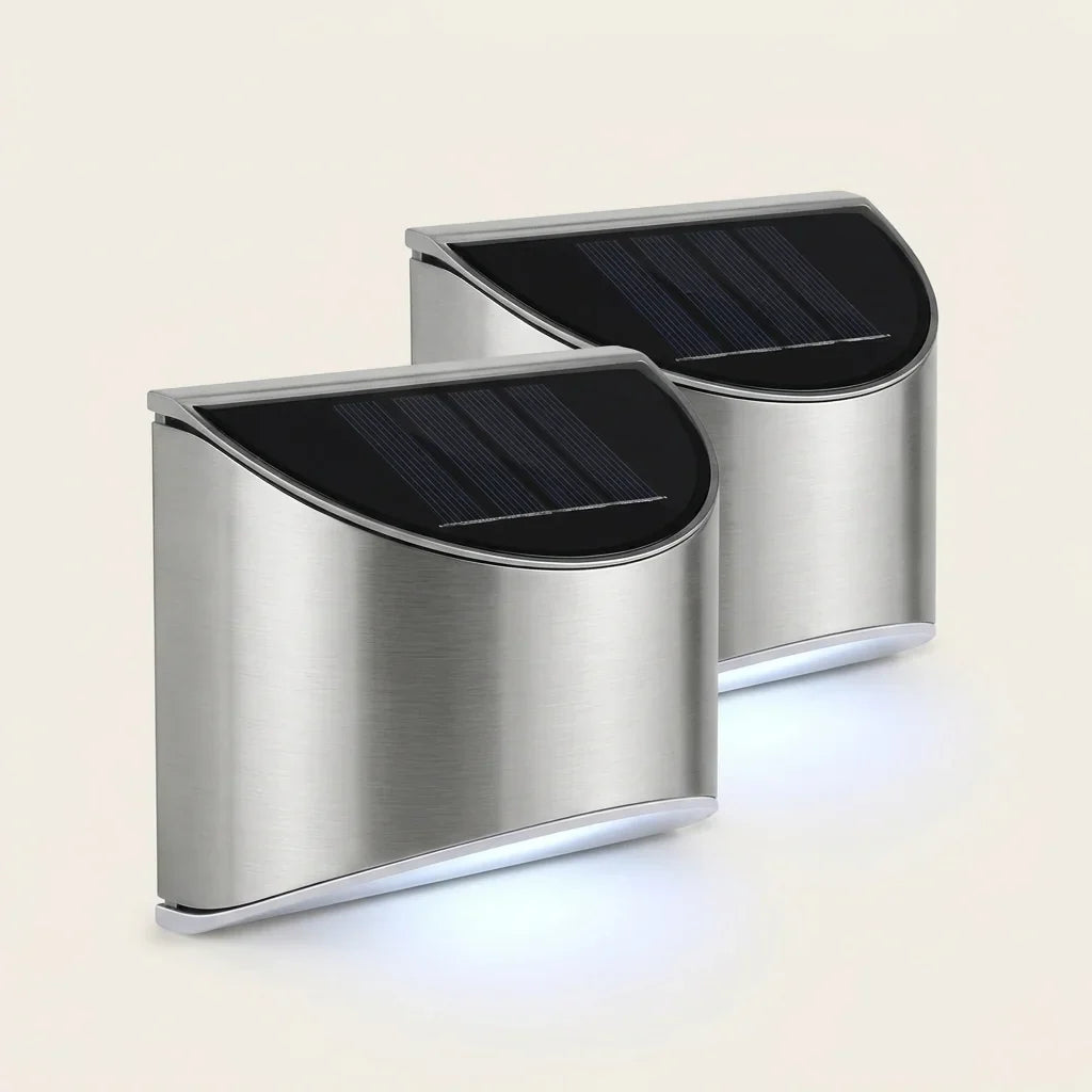 Két napelemes inox fali lámpa hideg fehér fénnyel