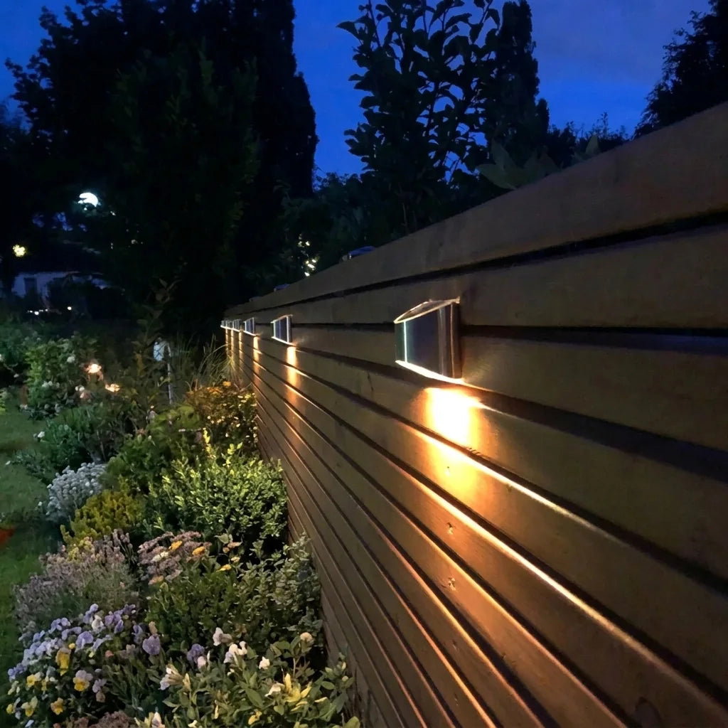 Sorban felszerelt inox napelemes lámpák egy kerti kerítésen éjjel
