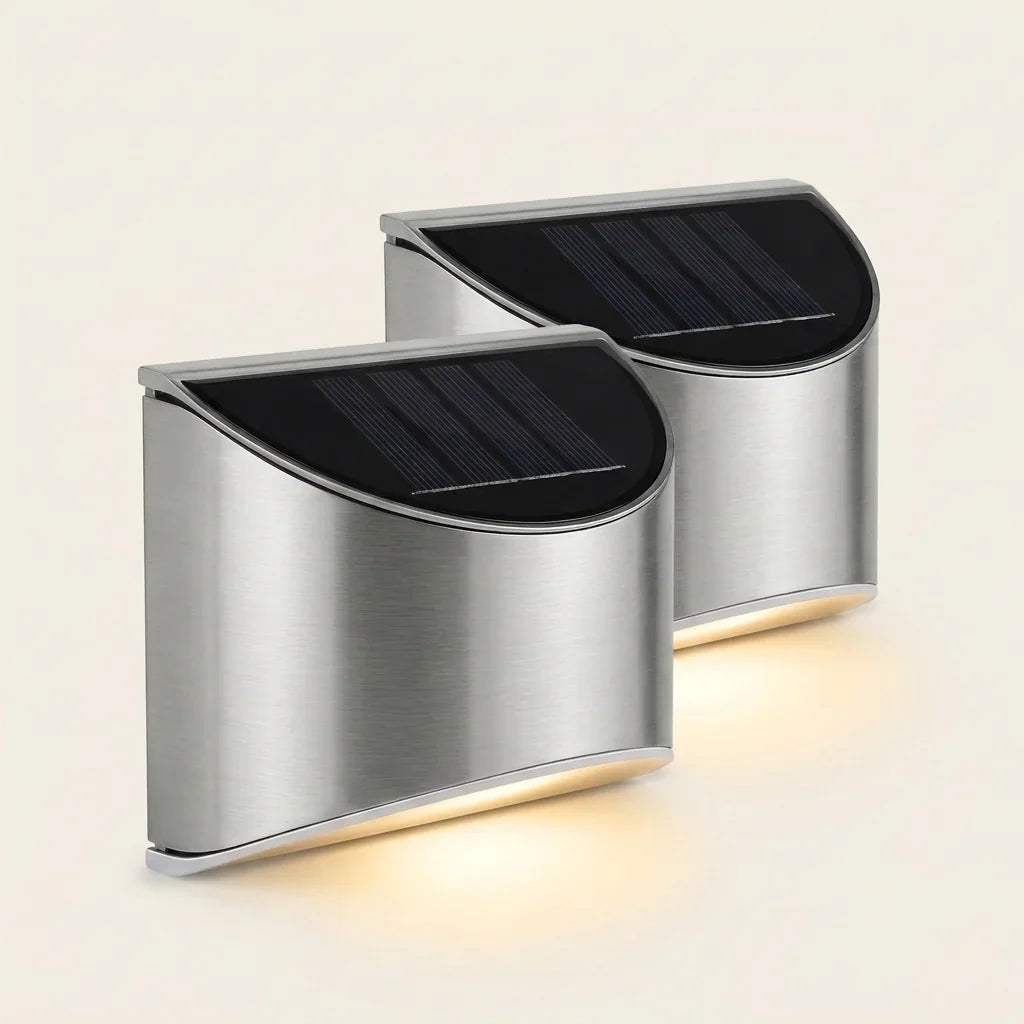 Két napelemes inox fali lámpa meleg fehér fénnyel