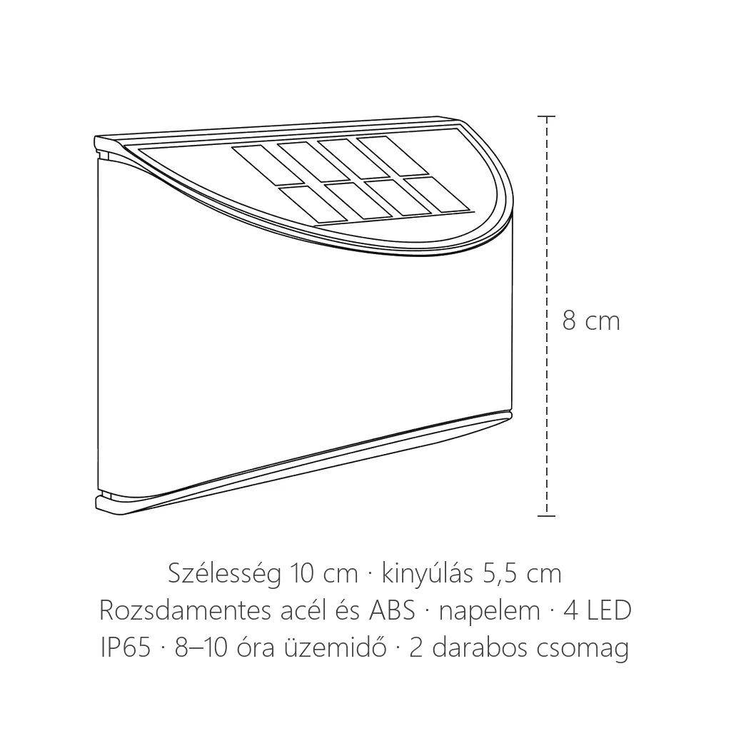 Napelemes inox kültéri fali lámpa méretei: 10 cm széles, 8 cm magas