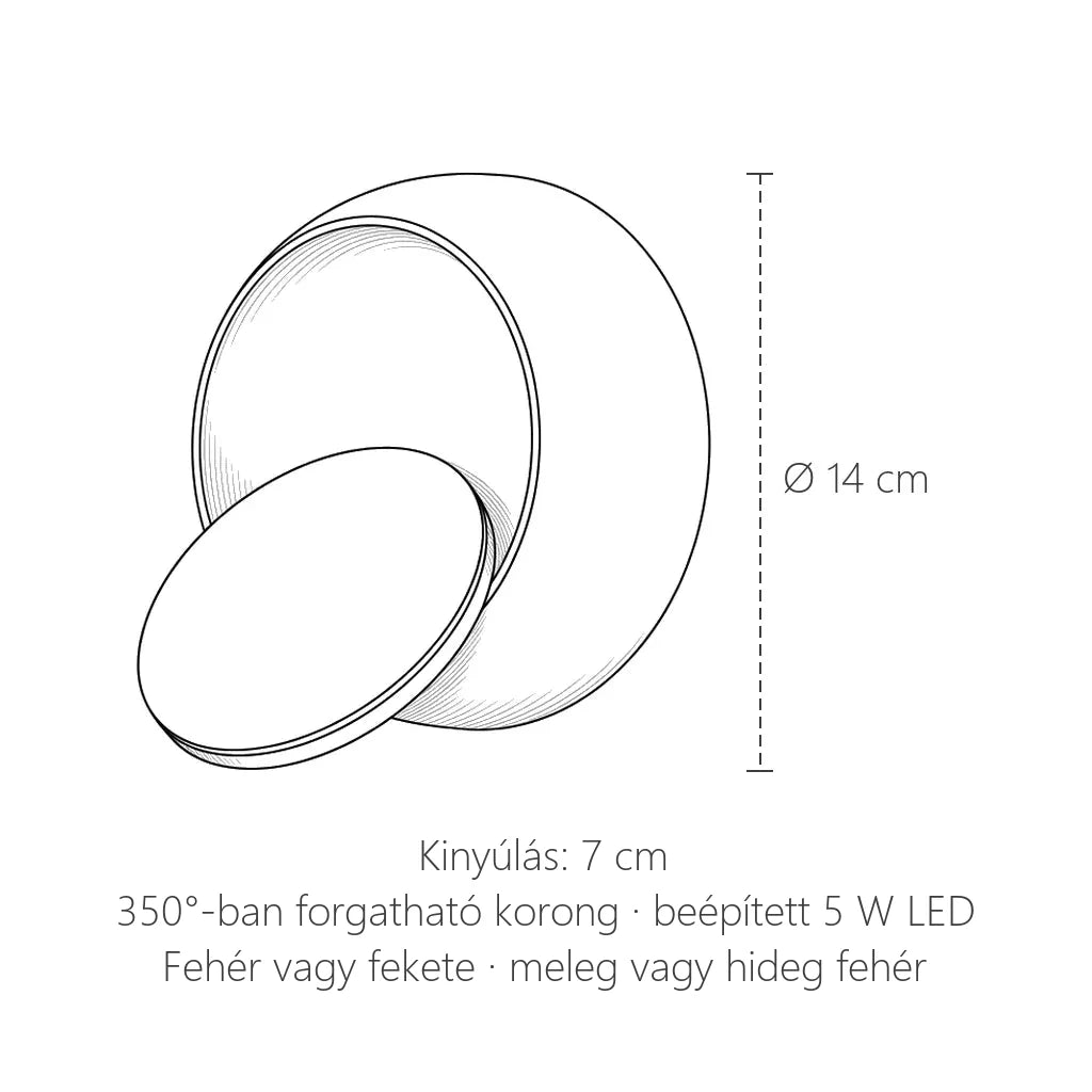 Forgatható korongos LED fali lámpa méretei: Ø 14 cm, kinyúlás 7 cm