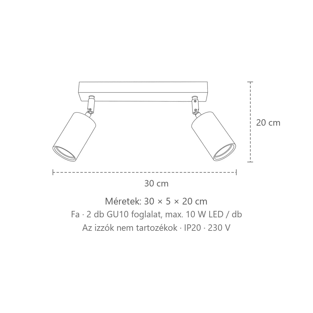 Natúr fa billenthető spotos mennyezeti lámpa méretei (2 izzós): 30 × 5 × 20 cm