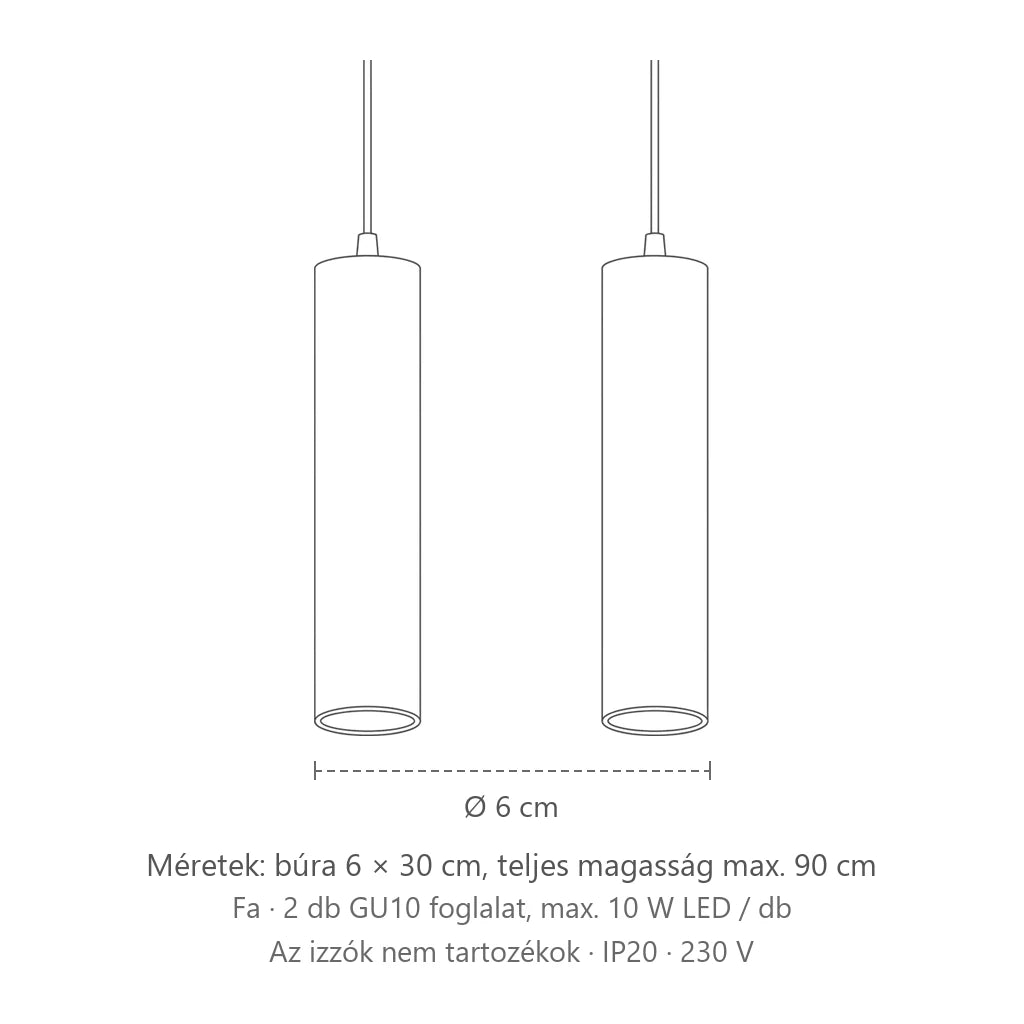 Natúr fa cső függőlámpa méretei (2 izzós): búra 6 × 30 cm, teljes magasság max. 90 cm