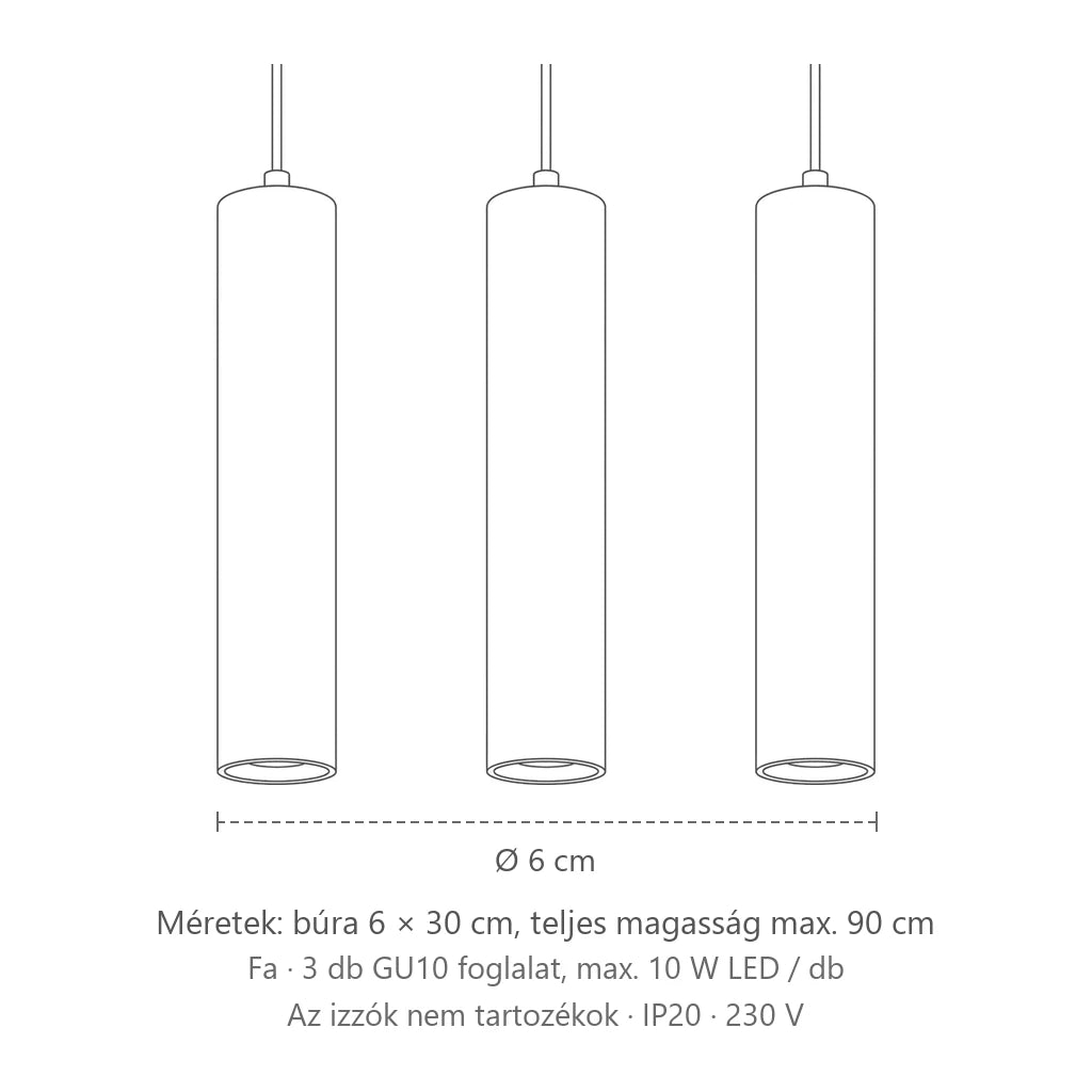Natúr fa cső függőlámpa méretei (3 izzós): búra 6 × 30 cm, teljes magasság max. 90 cm