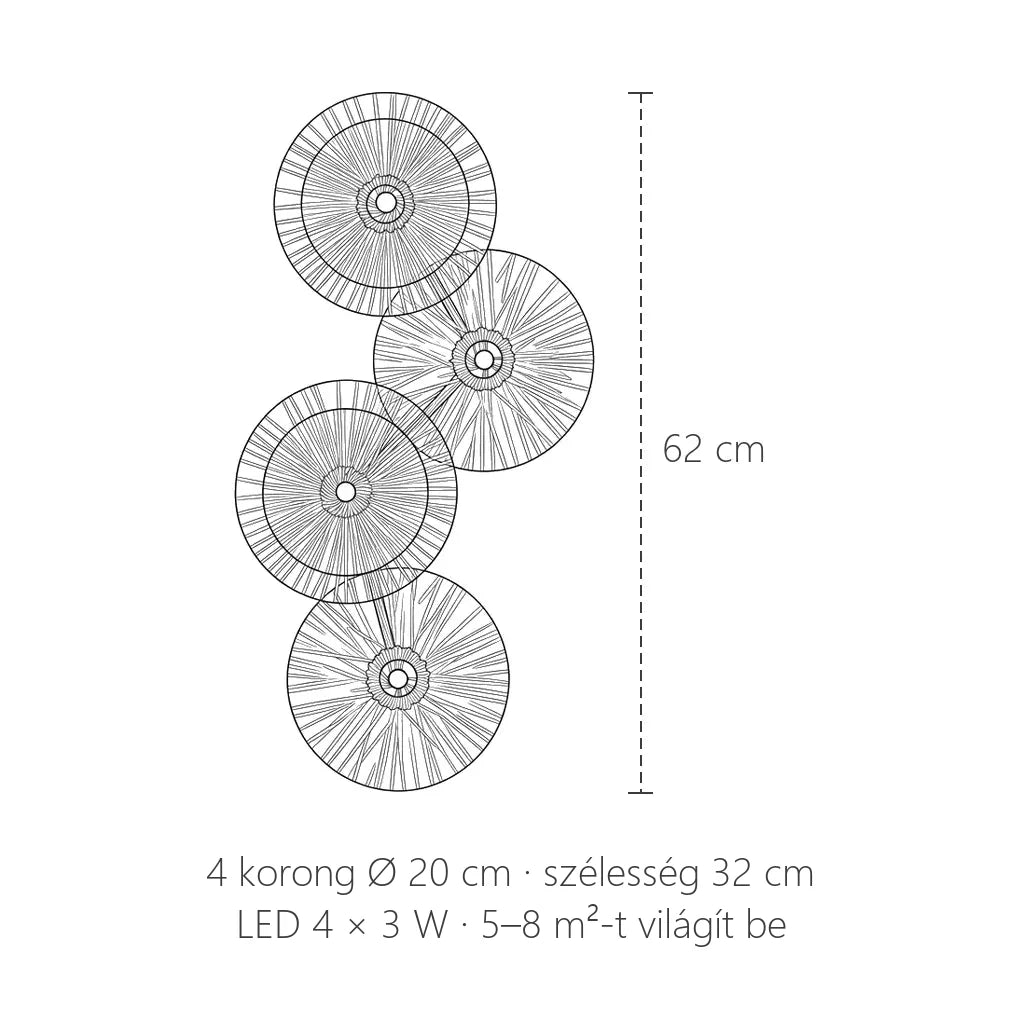 Négykorongos borostyán üveg fali lámpa méretei: 62 cm magas, 32 cm széles