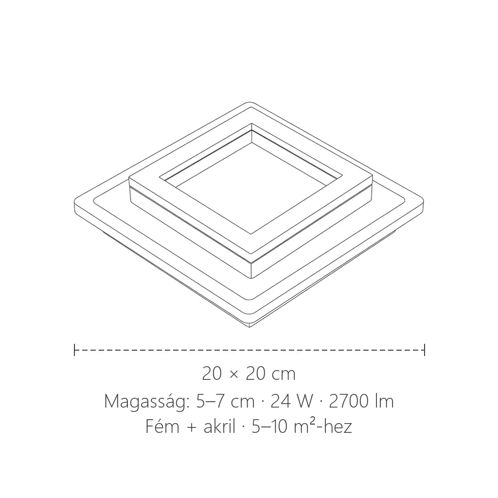 Négyzetes akril LED mennyezeti lámpa méretei: 20 × 20 cm, 24 W