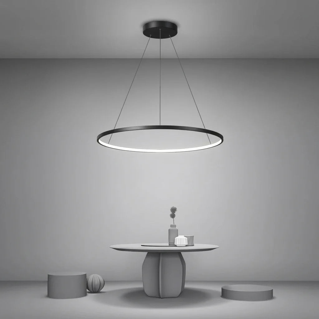 Fekete LED gyűrű csillár modern étkezőben