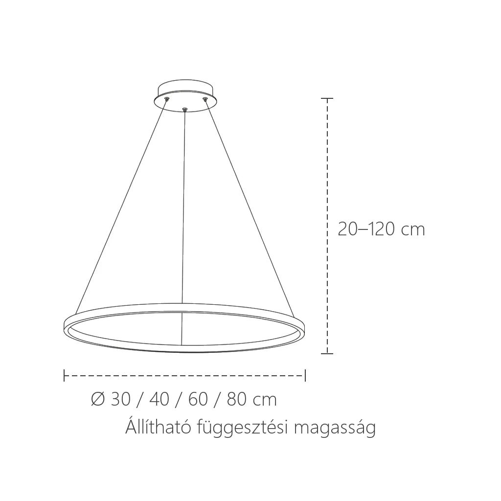 Nordic LED gyűrű csillár méretei: Ø 30–80 cm, 20–120 cm állítható