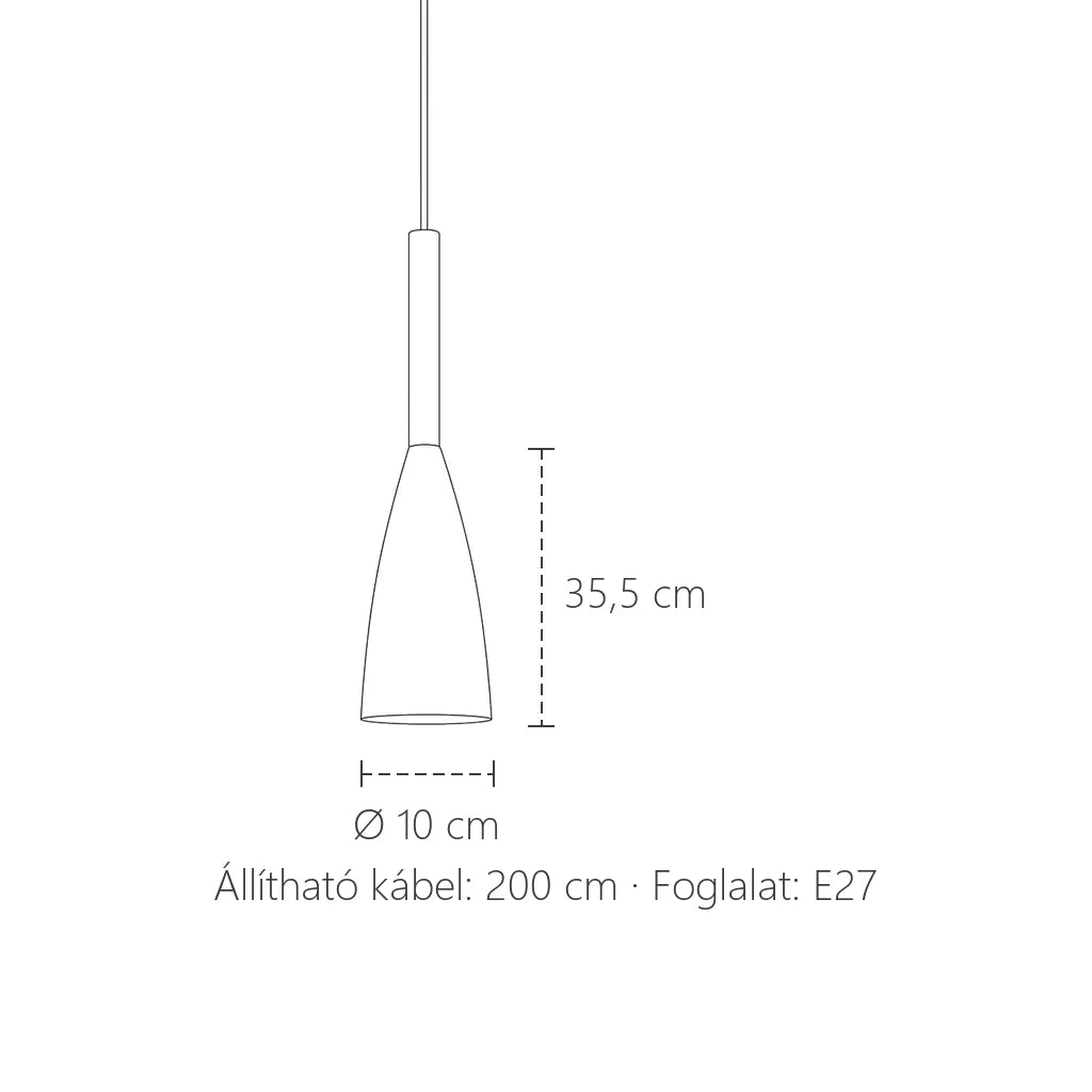 Nordic minimál függesztő lámpa méretei: Ø 10 cm, 35,5 cm magas, 200 cm kábel