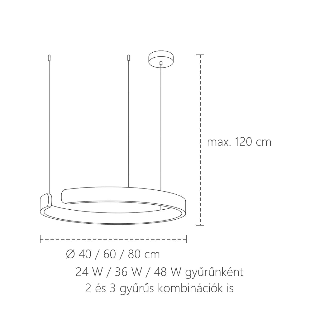 Nyitott gyűrűs LED csillár méretei: Ø 40–80 cm, max. 120 cm