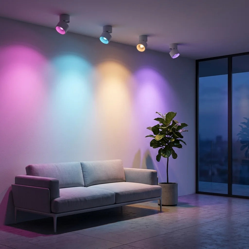 Színes RGB fény a falon okos spotlámpákkal