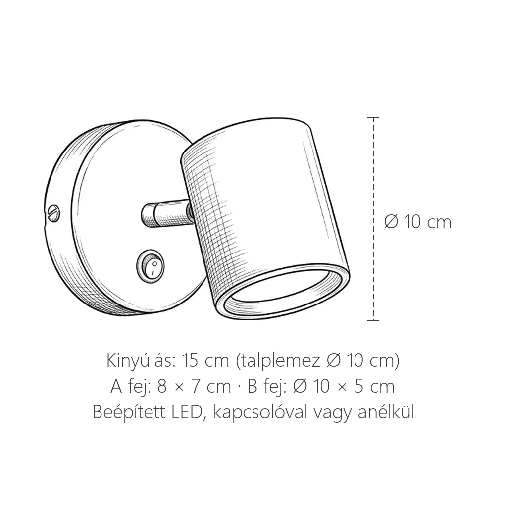 Olvasó LED fali lámpa méretei: kinyúlás 15 cm, talplemez Ø 10 cm