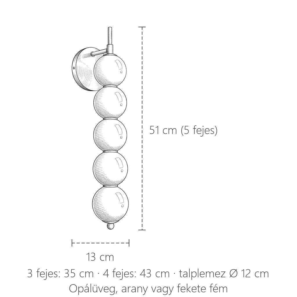 Opál gyöngy fali lámpa méretei: 35, 43 vagy 51 cm