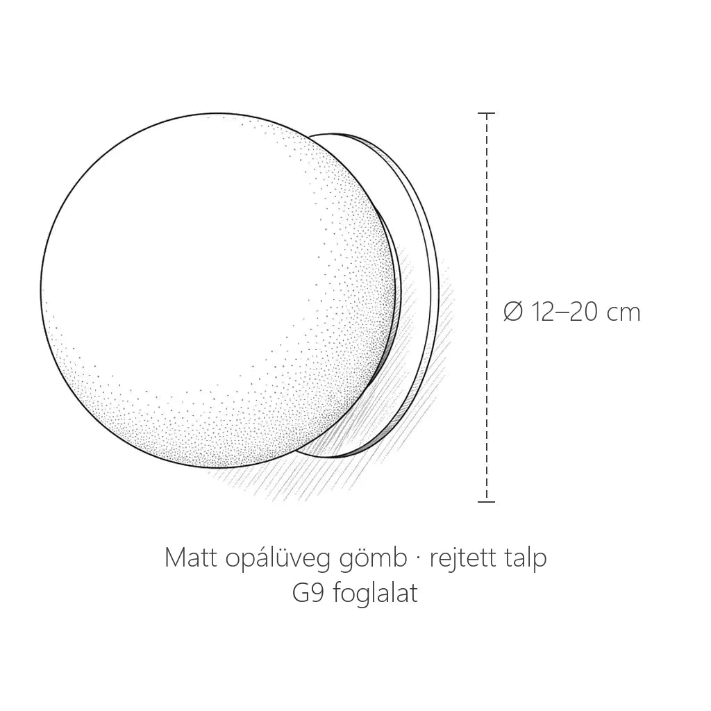 Opál üveggömb fali lámpa méretei: Ø 12–20 cm, G9 foglalat