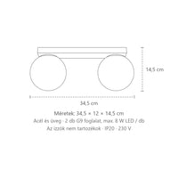 Opál üveggömbös mennyezeti lámpa méretei (2 izzós): 34,5 × 12 × 14,5 cm