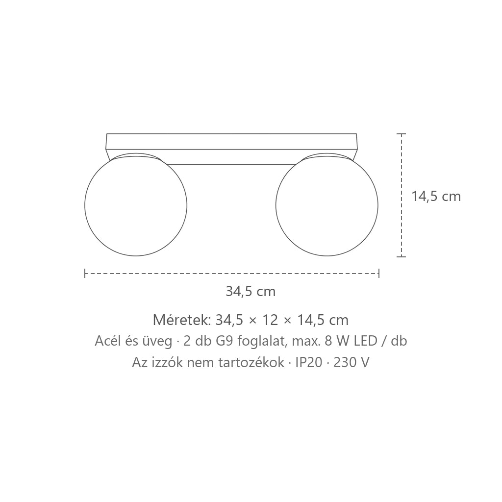 Opál üveggömbös mennyezeti lámpa méretei (2 izzós): 34,5 × 12 × 14,5 cm