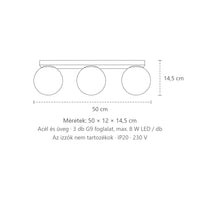 Opál üveggömbös mennyezeti lámpa méretei (3 izzós): 50 × 12 × 14,5 cm