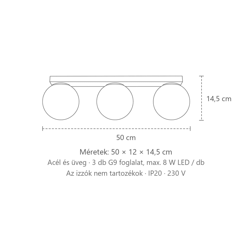 Opál üveggömbös mennyezeti lámpa méretei (3 izzós): 50 × 12 × 14,5 cm