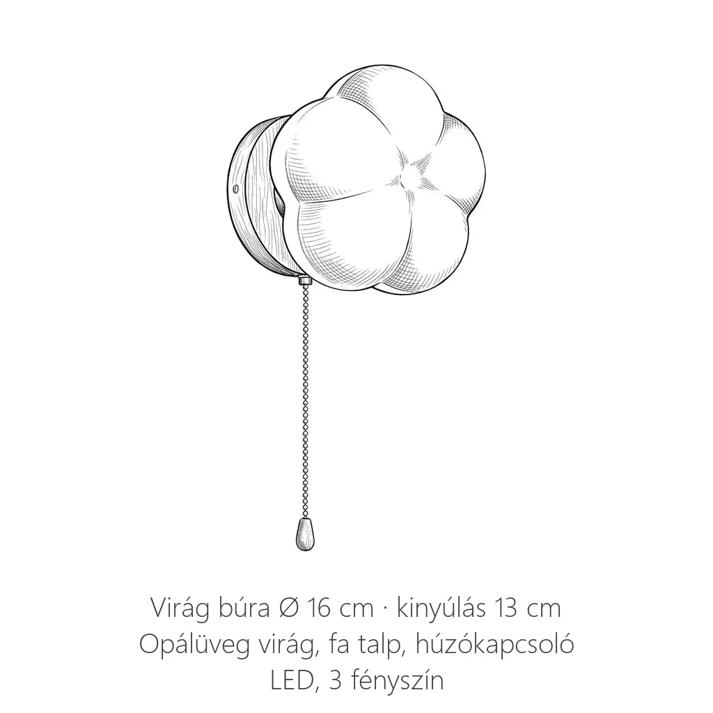 Opál virág fali lámpa fa talppal méretei: Ø 16 cm, kinyúlás 13 cm