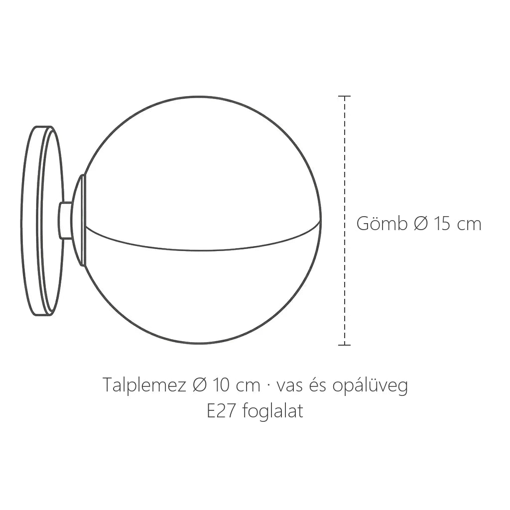 Opálgömb fali lámpa méretei: gömb Ø 15 cm, talplemez Ø 10 cm