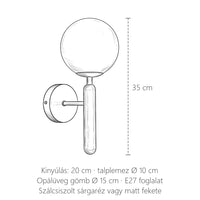 Opálgömbös hengeres fali lámpa méretei: 35 cm magas, kinyúlás 20 cm