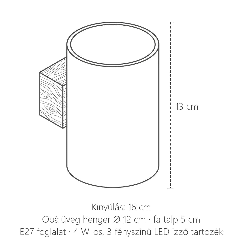 Opálüveg henger fali lámpa méretei: 13 cm magas, kinyúlás 16 cm
