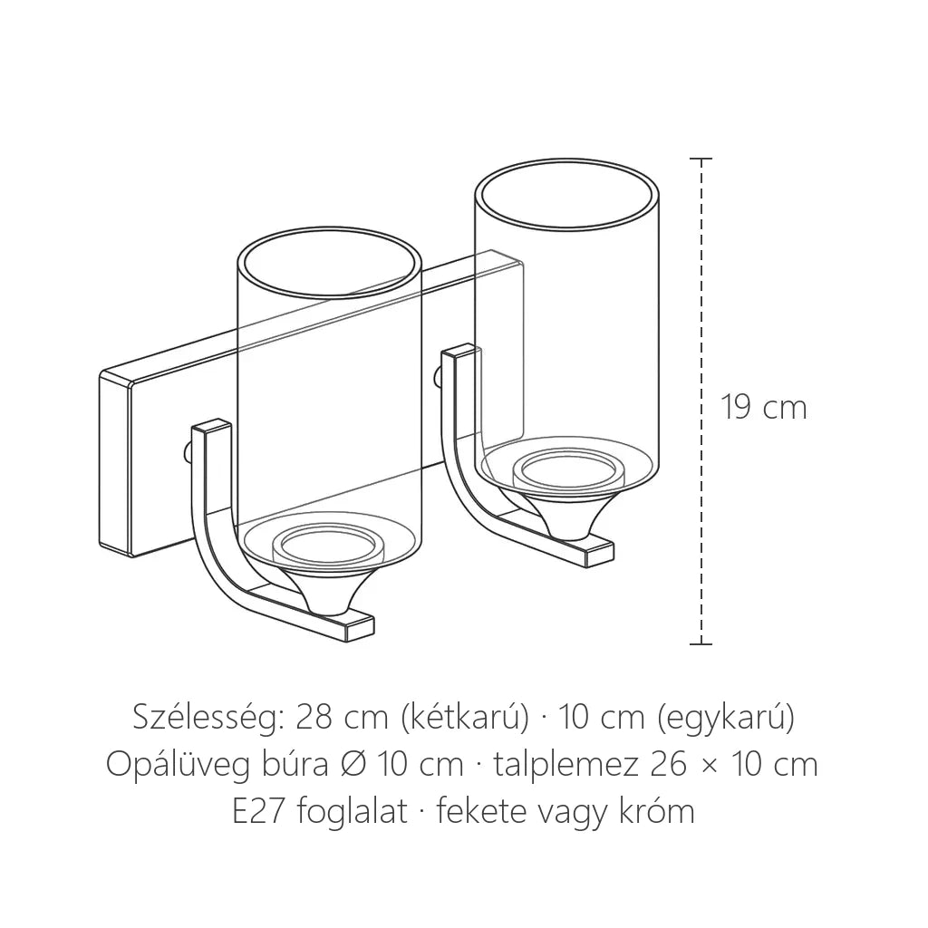 Opálüveg hengerbúrás fali lámpa méretei: 19 cm magas, 28 vagy 10 cm széles