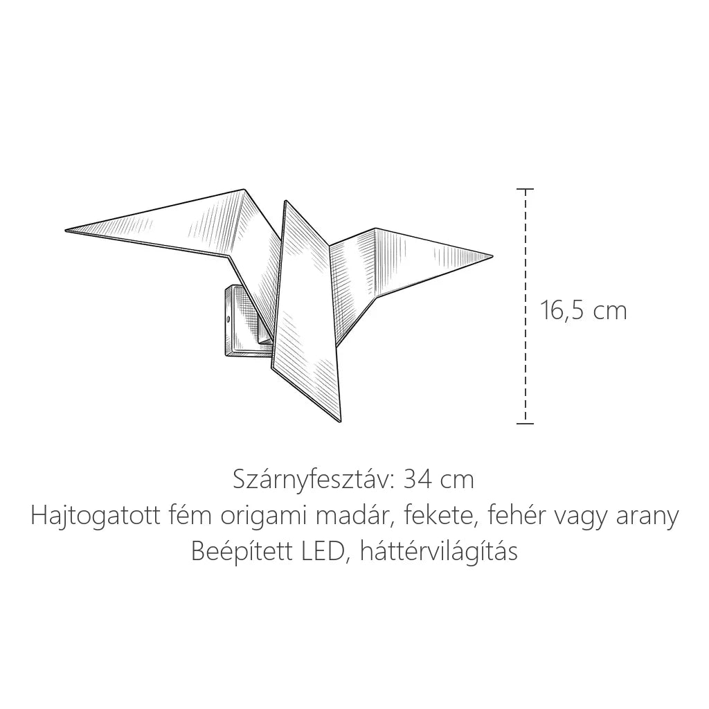 Origami madár LED fali lámpa méretei: szárnyfesztáv 34 cm, 16,5 cm magas