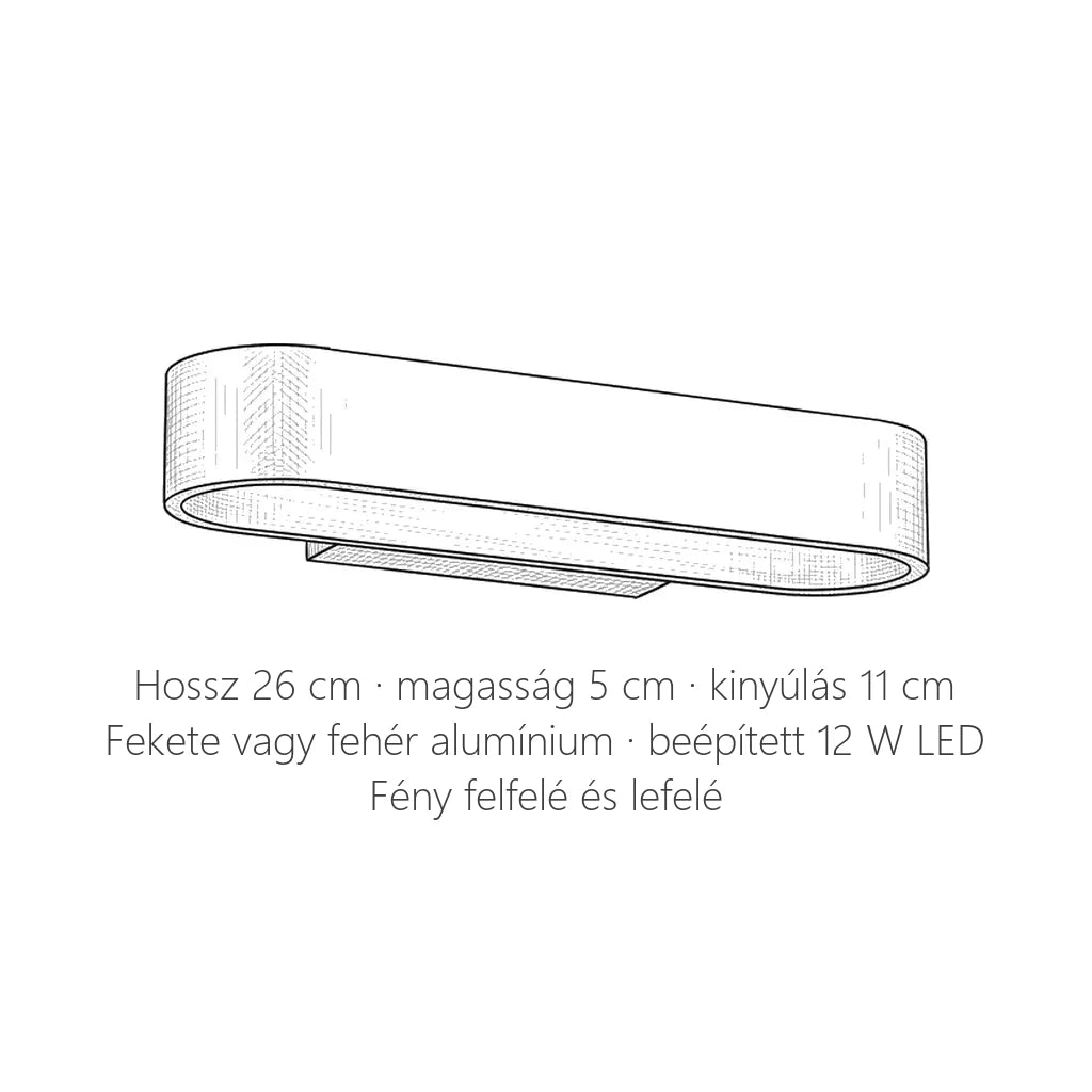 Ovális alumínium LED fali lámpa méretei: 26 cm hosszú, 5 cm magas, kinyúlás 11 cm