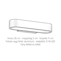 Ovális alumínium LED fali lámpa méretei: 26 cm hosszú, 5 cm magas, kinyúlás 11 cm