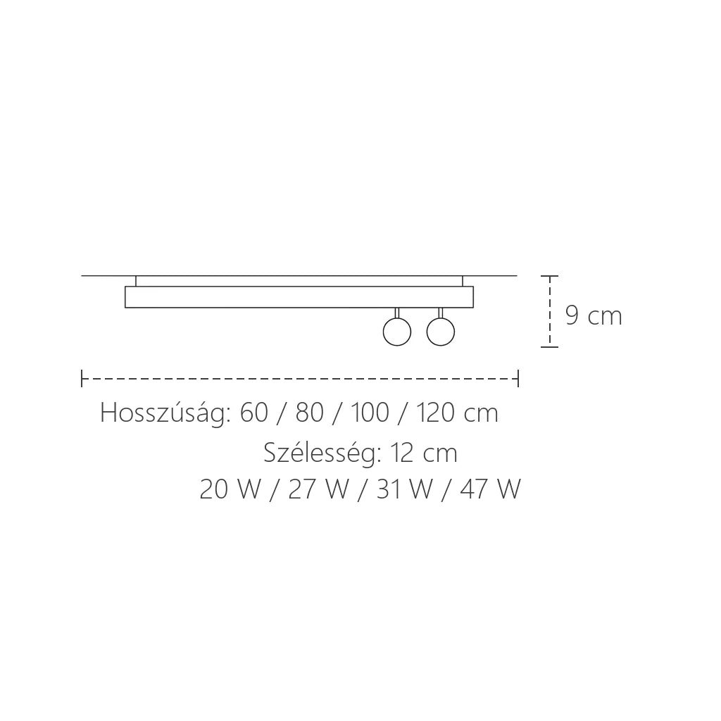 Ovális gömbös LED mennyezeti lámpa méretei: 60–120 cm hosszú, 9 cm magas