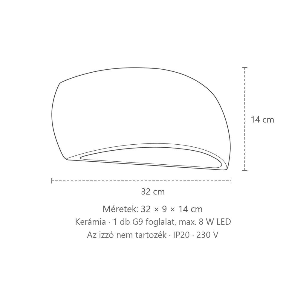 Ovális kavics formájú kerámia fali lámpa méretei: 32 × 9 × 14 cm