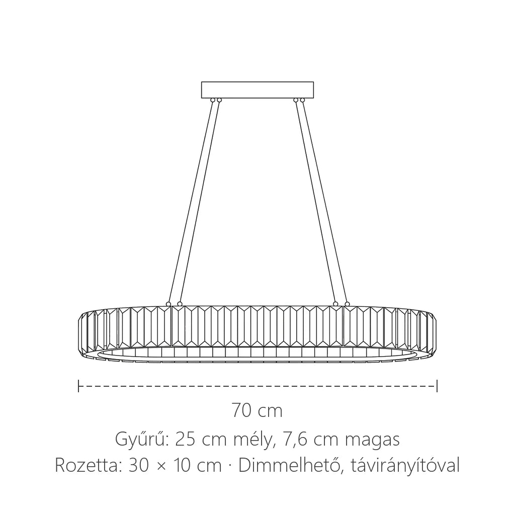Ovális kristálycsillár méretei: 70 × 25 cm, gyűrű 7,6 cm magas