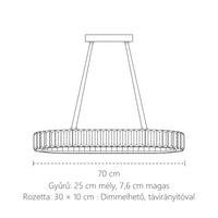 Ovális kristálycsillár méretei: 70 × 25 cm, gyűrű 7,6 cm magas