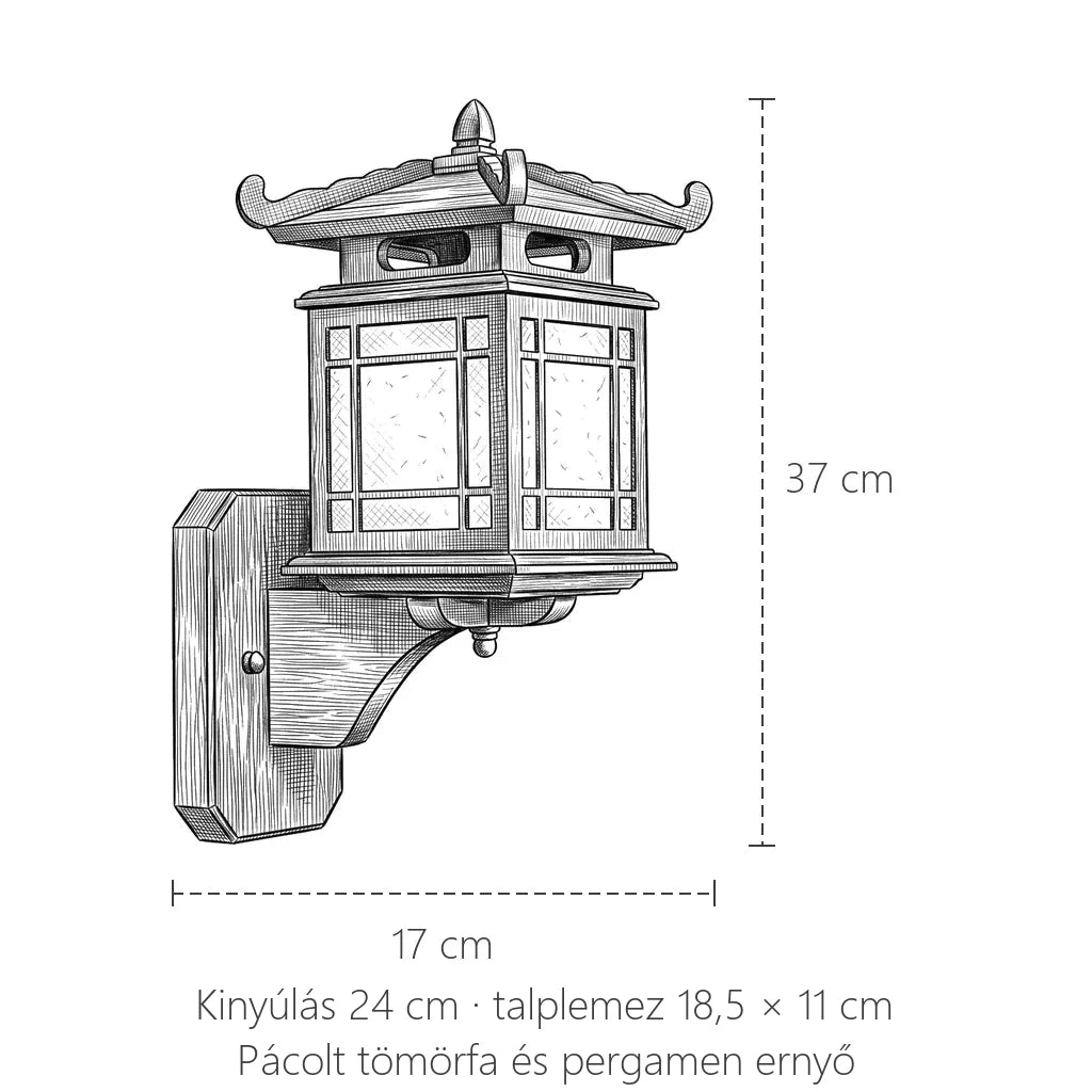 A pagoda lámpás fa fali lámpa méretei: 37 × 17 cm, kinyúlás 24 cm
