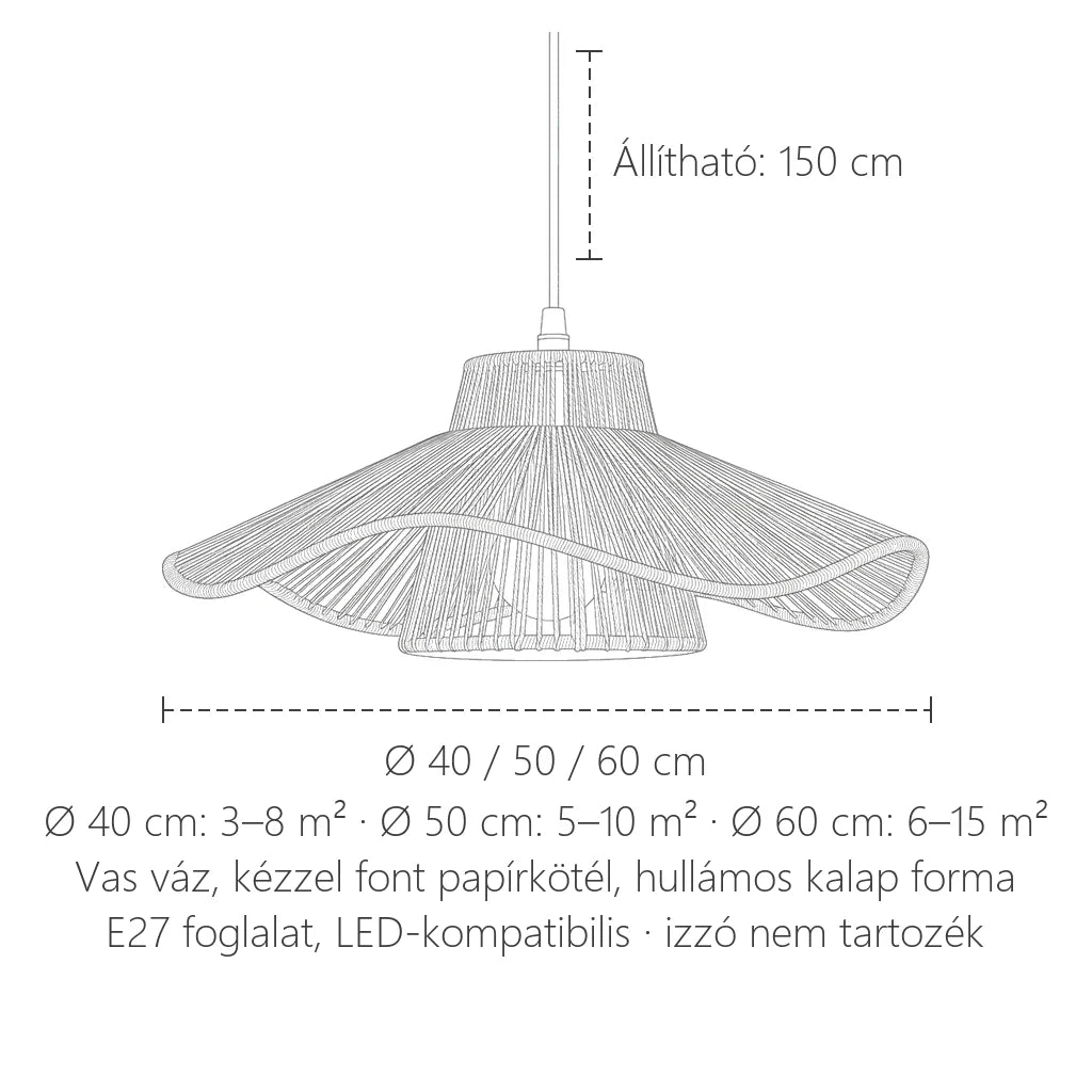 Papírkötél lámpa méretei: Ø 40 / 50 / 60 cm