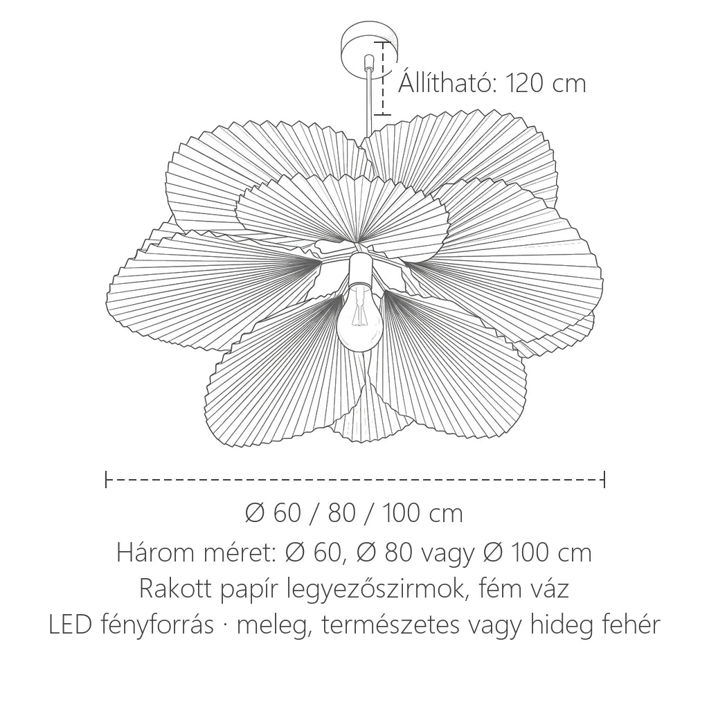 Papírlegyező lámpa méretei: Ø 60 / 80 / 100 cm