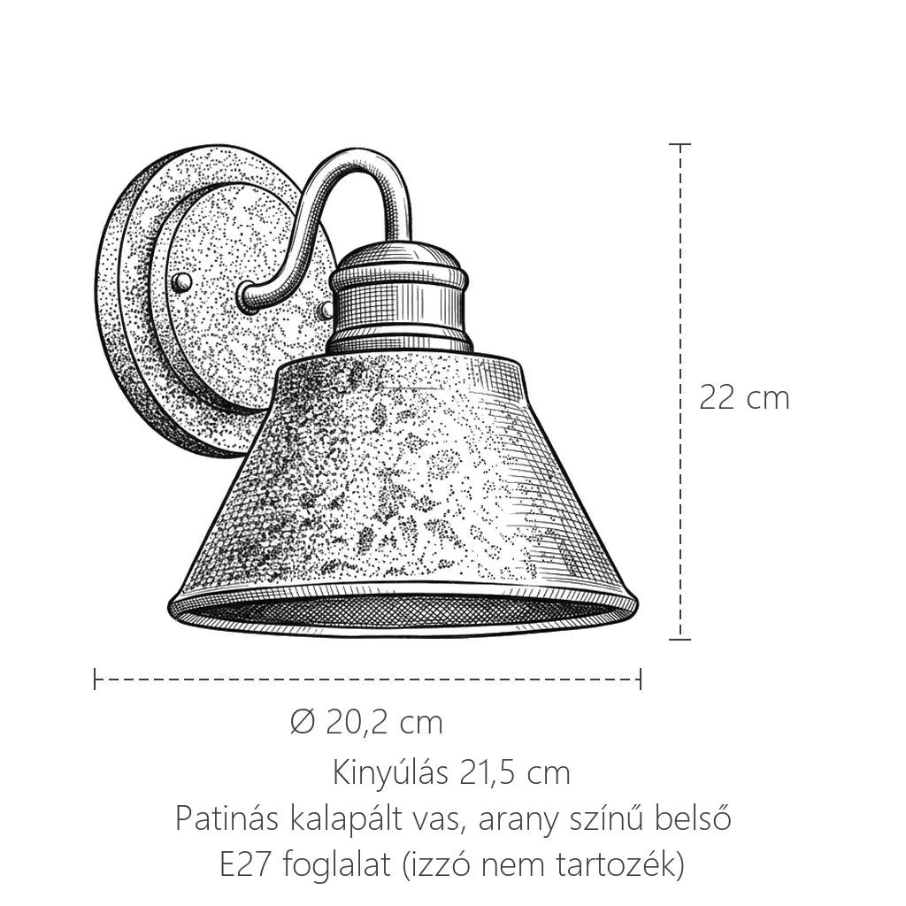 Patinás kalapált vas hattyúnyak fali lámpa méretei: 22 cm, Ø 20,2 cm
