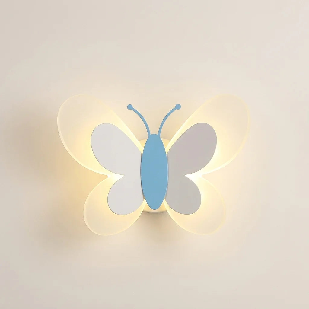 Pillangó LED fali lámpa kék testtel, A modell, világítva