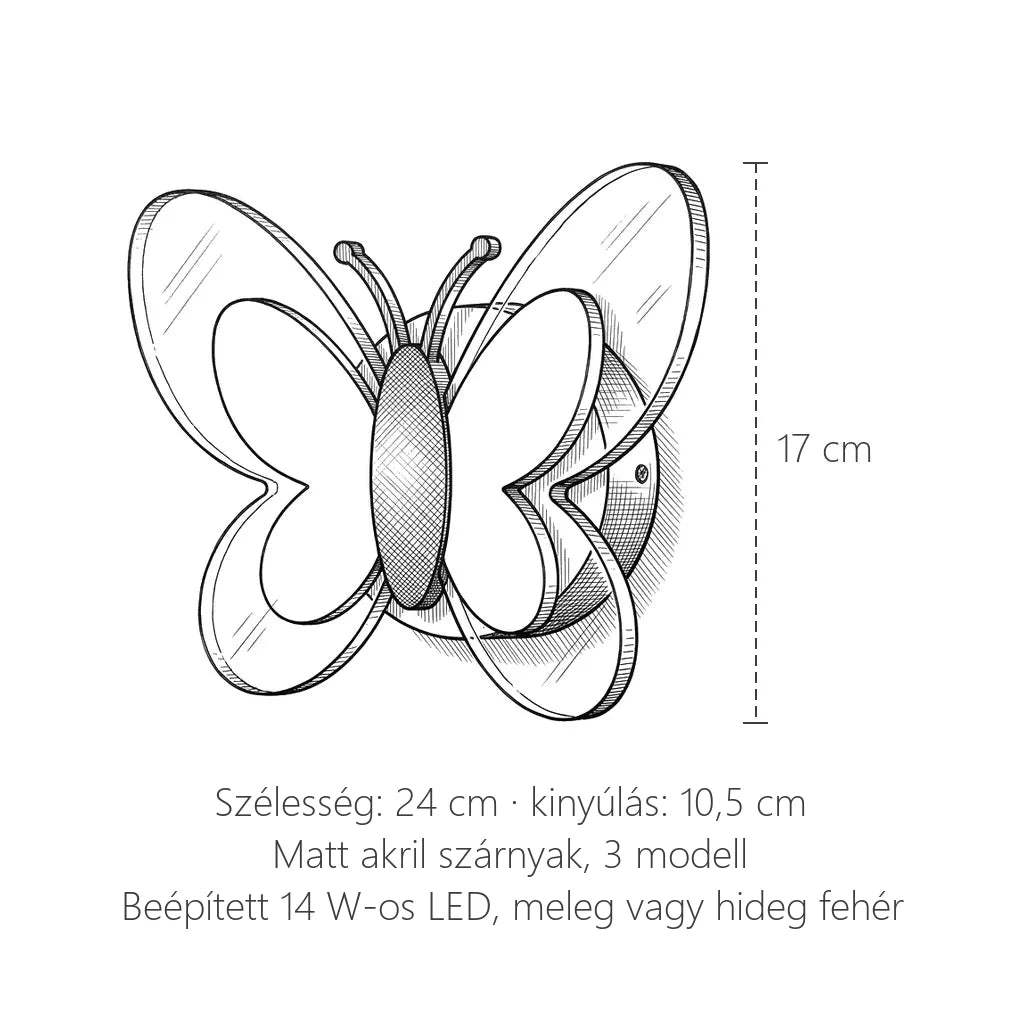 Pillangó LED fali lámpa méretei: 24 cm széles, 17 cm magas