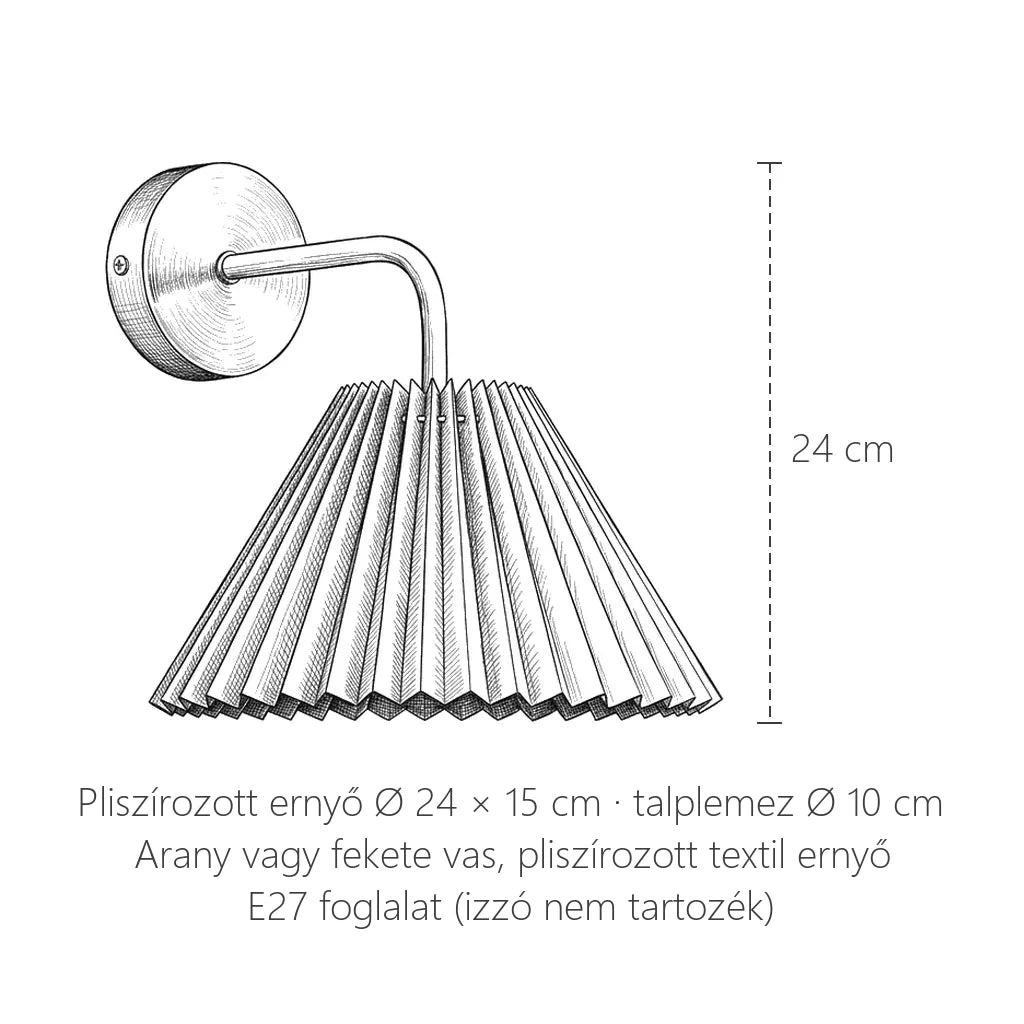 A pliszírozott ernyős fali lámpa méretei: magasság 24 cm, ernyő Ø 24 cm