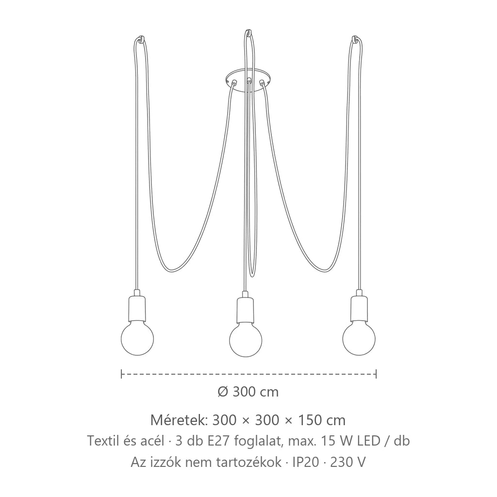 Pók függőlámpa fekete textilkábelekkel méretei (3 izzós): 300 × 300 × 150 cm