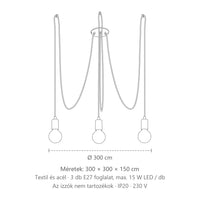 Pók függőlámpa fekete textilkábelekkel méretei (3 izzós): 300 × 300 × 150 cm