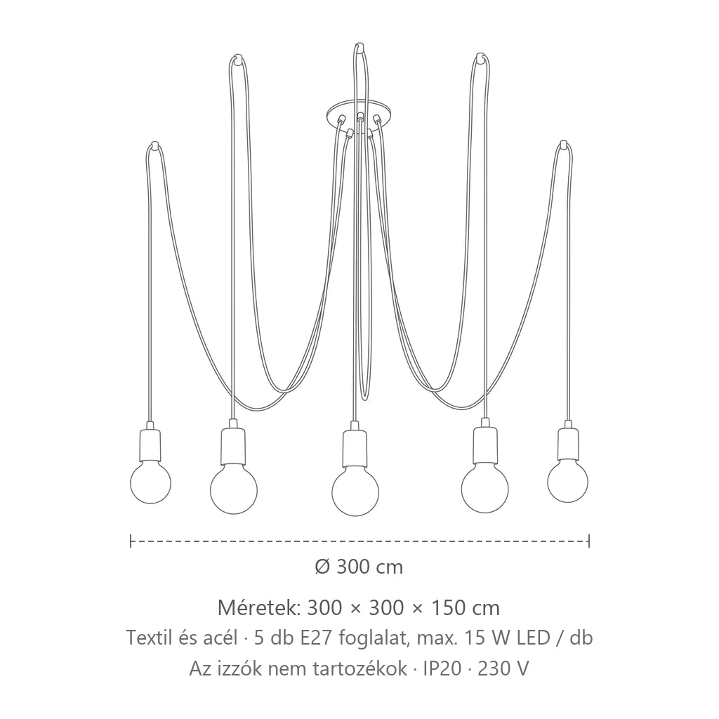 Pók függőlámpa fekete textilkábelekkel méretei (5 izzós): 300 × 300 × 150 cm